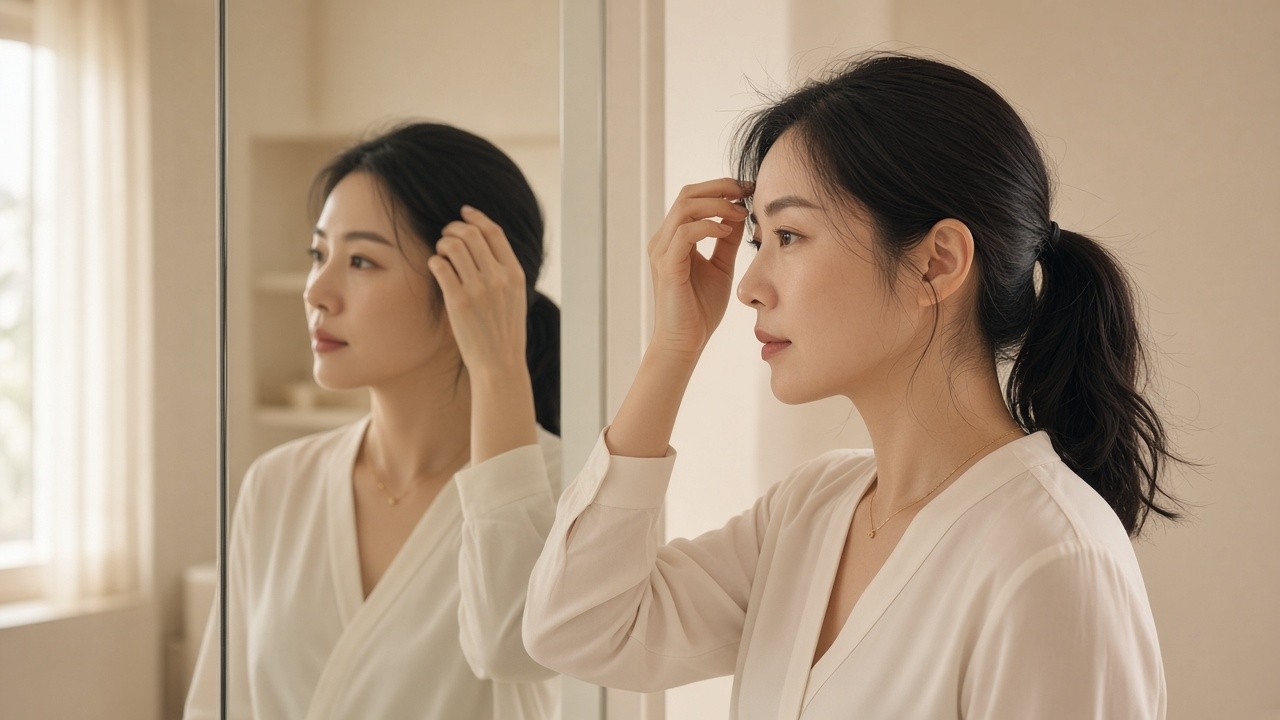 거울로 헤어라인을 확인하는 30대 여성의 측면 모습